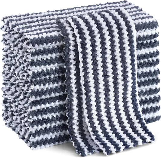 12 Pack Kitchen Dish Cloths, Ultra Soft and Absorbent Dish Towels, Reusable Fast Drying Microfiber Cleaning Cloth, Coral Velvet Wave Design No-Lint, 10 X 10 Inches, Dark Grey