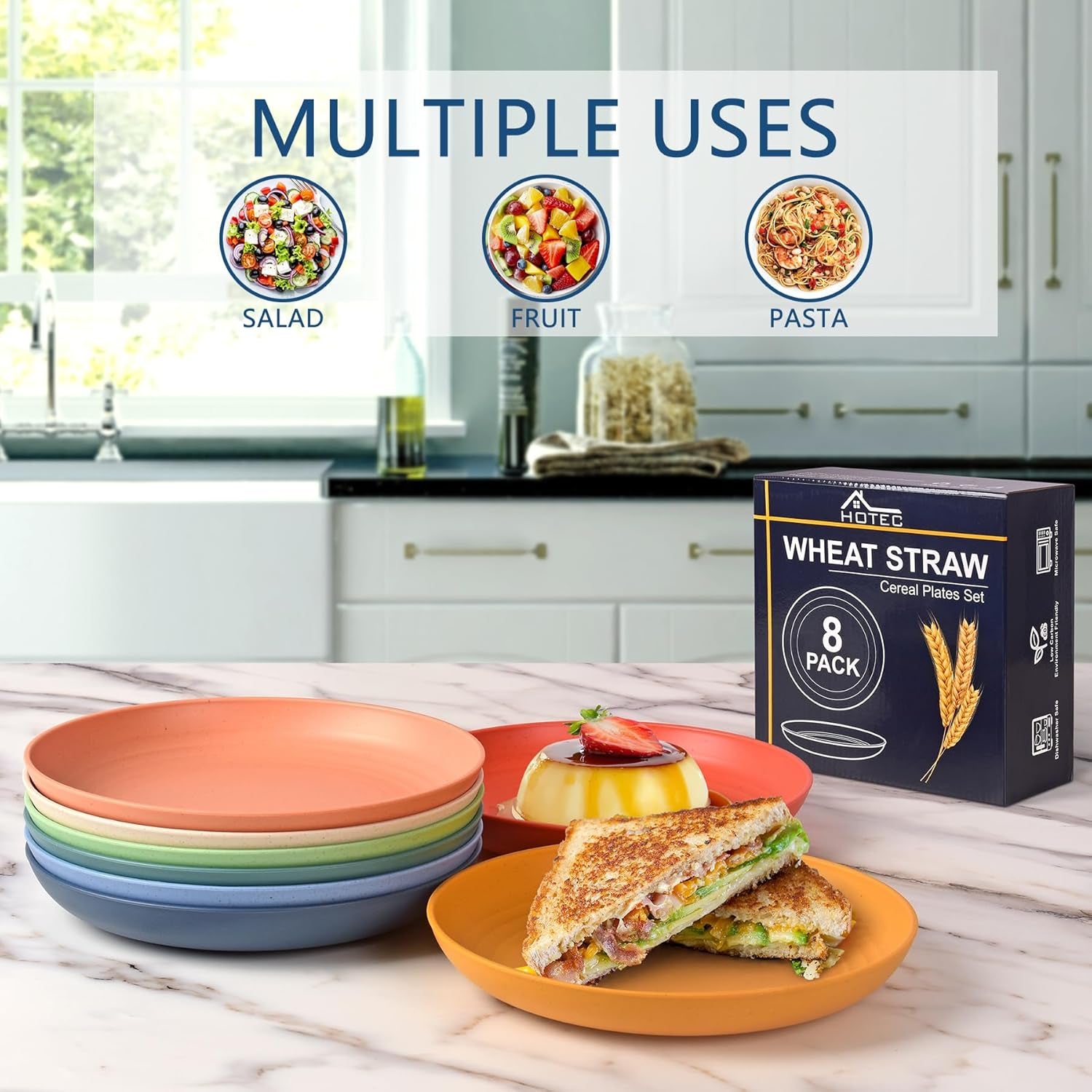 8-Pack 10Inch BPA Free Unbreakable Deep Dinner Plates, Wheat Straw Plastic Plates Dishwasher Safe Kitchen Plates Dinnerware Multicolor