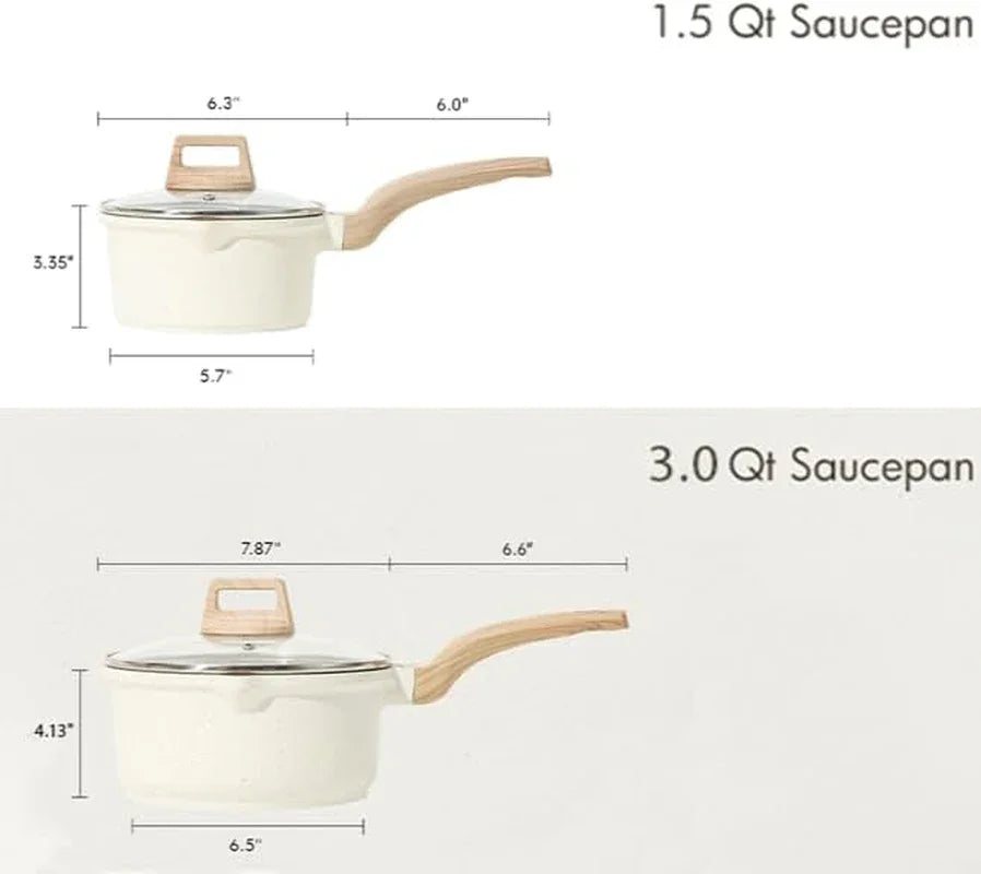 1.5Qt & 3.0Qt Sauce Pan Sets with Lid Cooking Pots Nonstick Saucepans Cookware Set with Pour Spout Small Kitchen Pot, Induction Comptable, Easy to Clean, PFOA FREE (White Granite)