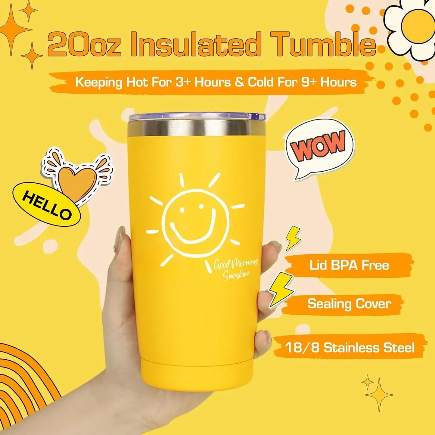Yellow 20oz insulated tumbler with smiley sun design, BPA-free lid, stainless steel, keeps drinks hot or cold