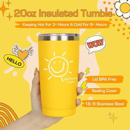 Yellow 20oz insulated tumbler with smiley sun design, BPA-free lid, stainless steel, keeps drinks hot or cold