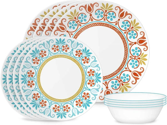 Global Collection Vitrelle 12-Piece Dinnerware Set, Triple Layer Recycled Glass, Lightweight Eco-Friendly round Plates and Bowls Set, Terracotta Dreams