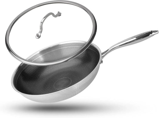 Hybrid Wok, 12 Inch Wok with Lid,Stainless Steel Woks & Stir-Fry Pans Non Stick, PFOA Free Cookware, Dishwasher and Oven Safe, Compatible with Induction