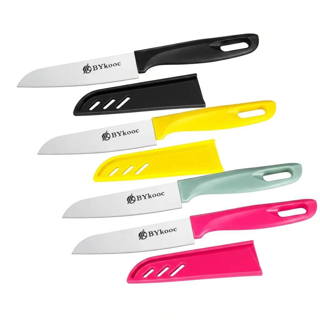 Colorful BYkooc kitchen knives with protective sheaths for safe storage and everyday cooking tasks.