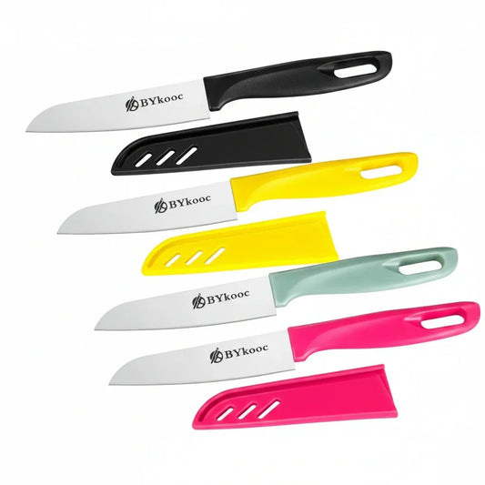 Colorful BYkooc kitchen knives with protective sheaths for safe storage and everyday cooking tasks.