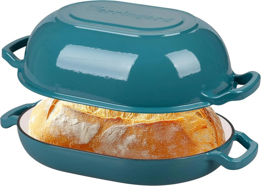 Enameled Cast Iron Sourdough Bread Oven, Dutch Oven, Loaf Cast Iron Bread Pan for Homemade Bread Baking, Meatloaf Pan with Lid, 7QT, Bluegreen