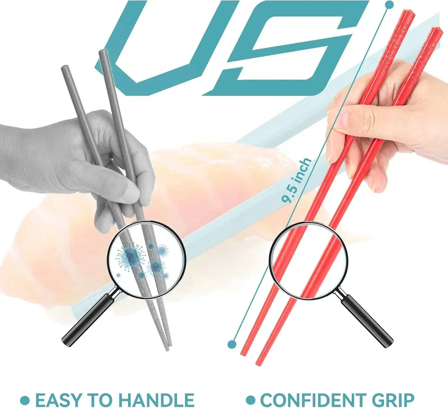 Red and gray 9.5-inch kitchen chopsticks with confident grip, easy handling, and hygienic design for cooking