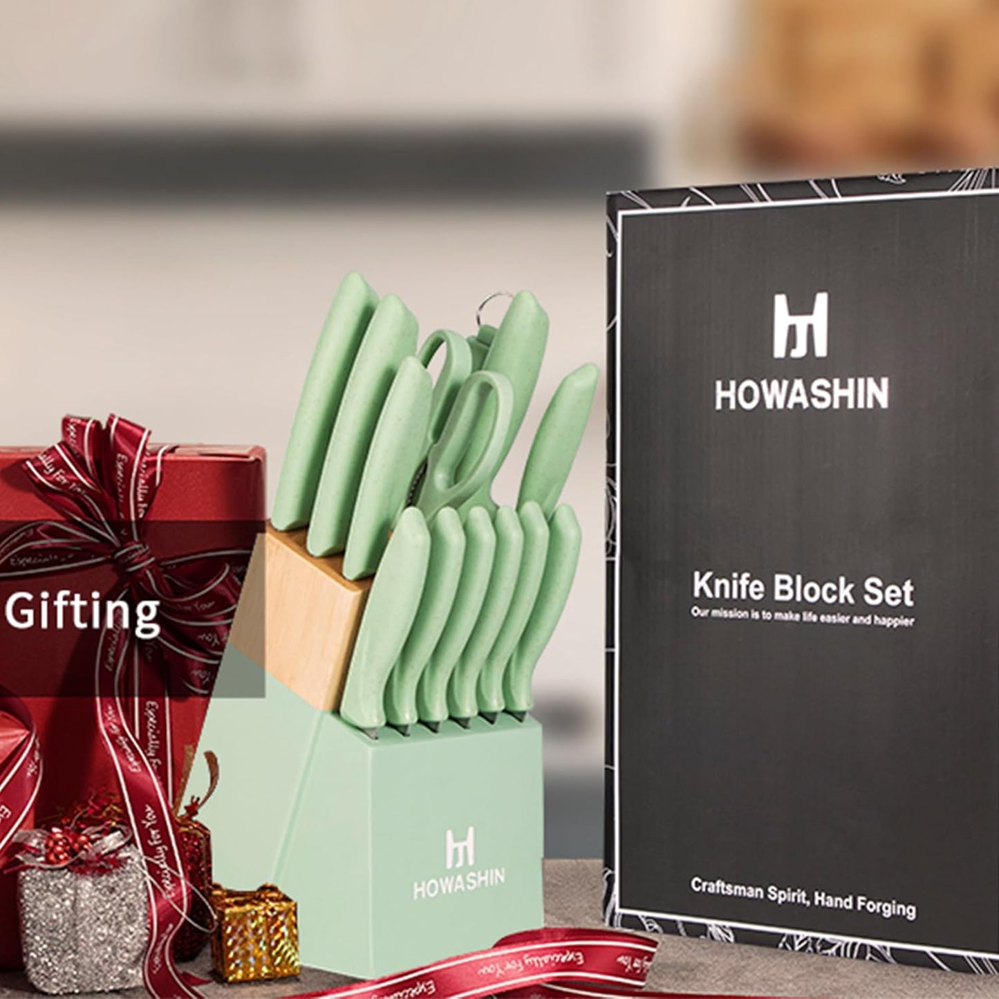 Knife Set,  15 Pieces Kitchen Knife Set with Built in Knife Sharpener, High Carbon German Stainless Steel Knife Block Set, Hand Wash Safe Knives Set, Green