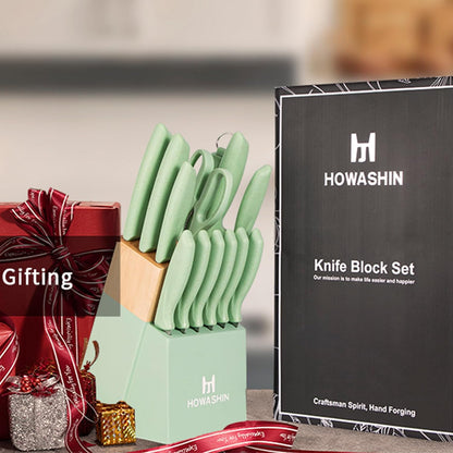 Knife Set,  15 Pieces Kitchen Knife Set with Built in Knife Sharpener, High Carbon German Stainless Steel Knife Block Set, Hand Wash Safe Knives Set, Green