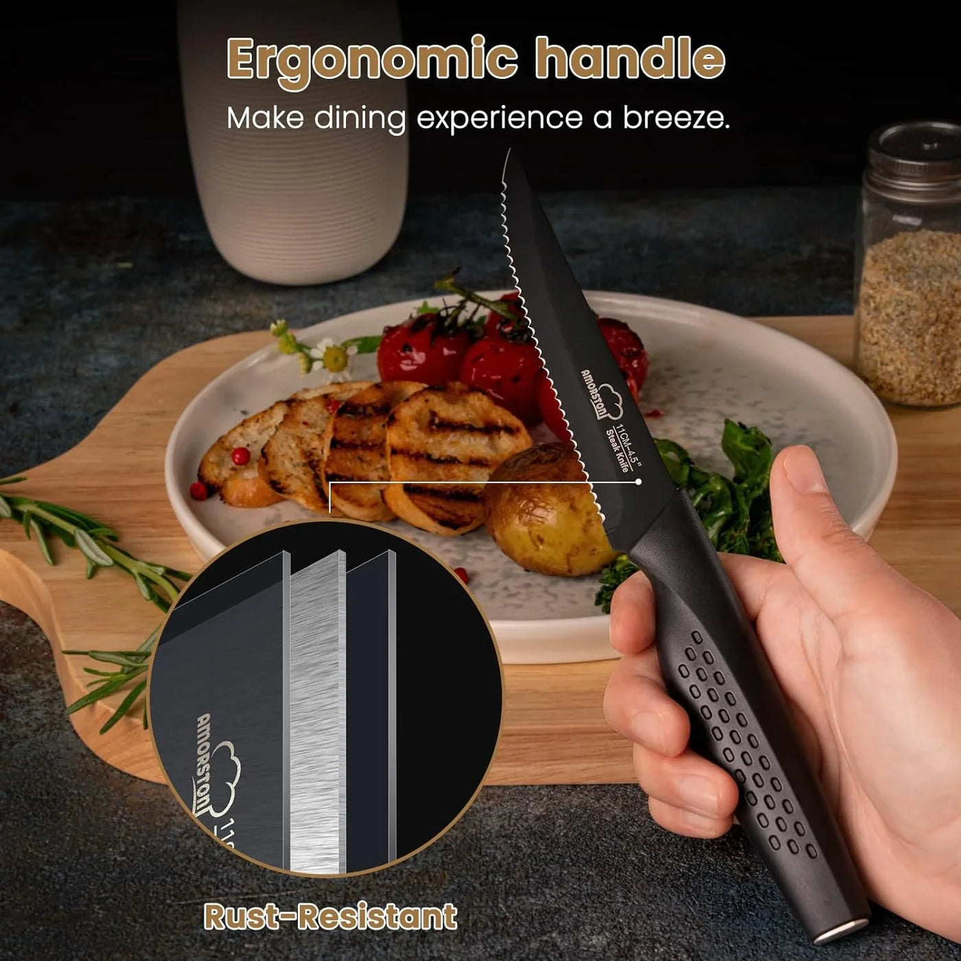 Steak Knives, Steak Knives Set of 8, Stainless Steel Steak Knife Set, Serrated Knives Dishwasher Safe, Elegant Black
