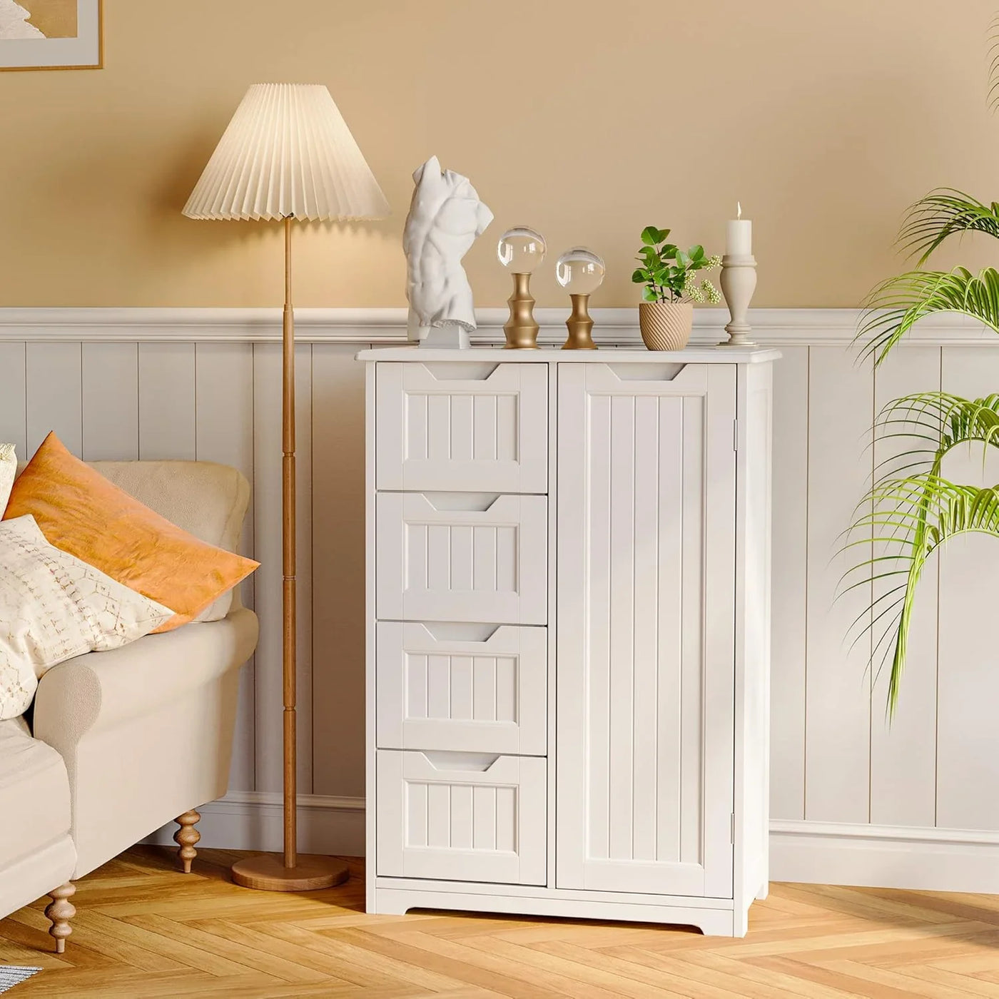 Small Pantry with Door and Shelves, 33'' Kitchen Pantry Storage Cabinet Freestanding Wooden Bathroom Storage Cabinet with 4 Drawers for Kitchen and Dining Room, White