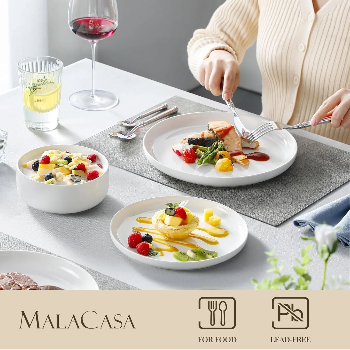Plates and Bowls Sets, 18 Pieces Porcelain Dinnerware Sets Dishware Sets Chip Resistant Ceramic Dish Set Dining Dinner Ware Service for 6, White, Series LUNA