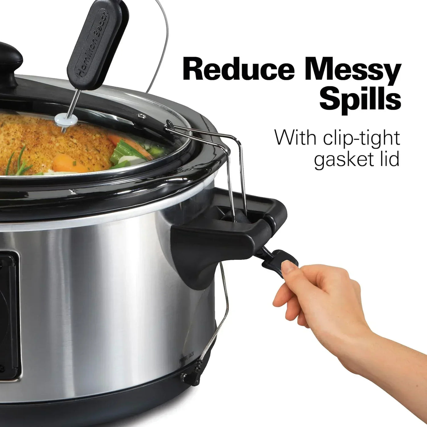 Stainless steel slow cooker with clip-tight gasket lid, reducing messy spills during cooking