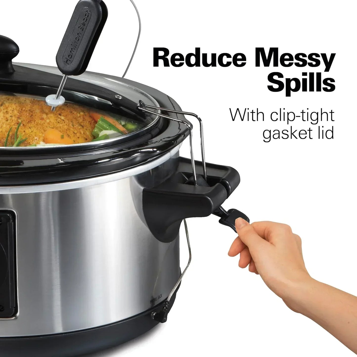 Stainless steel slow cooker with clip-tight gasket lid, reducing messy spills during cooking