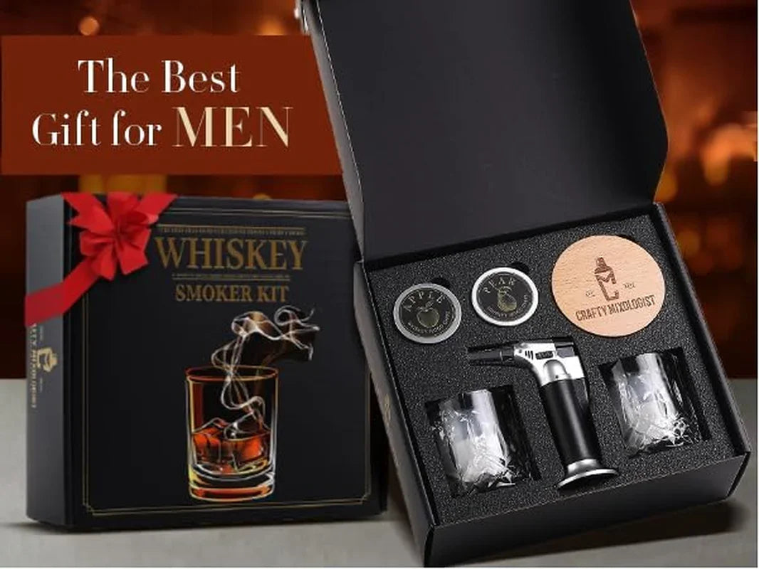 Whiskey Smoker Kit with Torch – 6 Wood Chip Flavors & 2 Glasses – Cocktail Smoker Infuser Set for Old Fashioned and Bourbon– Birthday Gifts for Dad, Men, Husband and Boyfriend(Butane Not Included)
