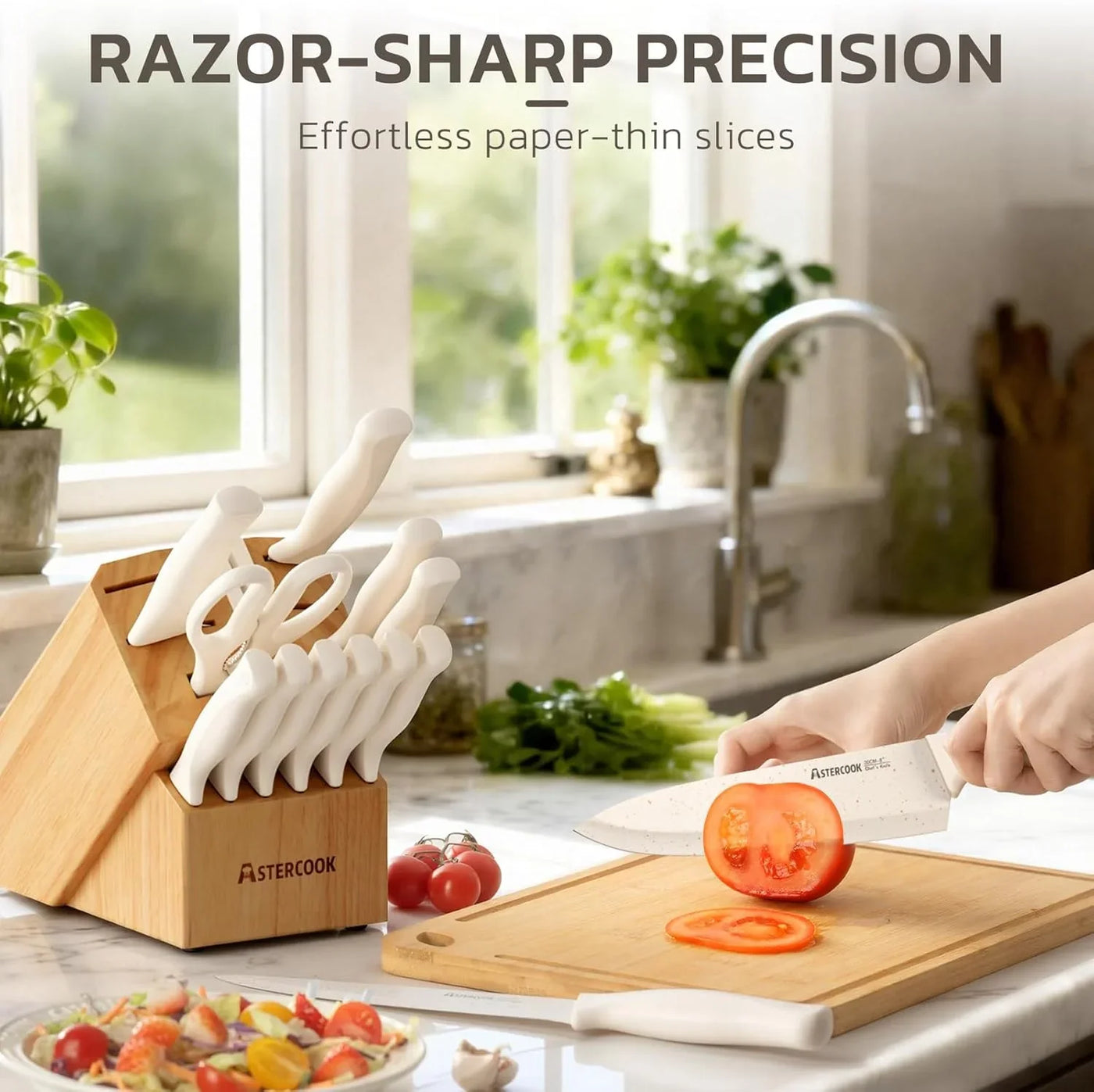 Knife Set, 15 Pieces Kitchen Knife Set with Sharpener Block, German Stainless Steel Knives Set with Anti-Rust Coating, Dishwasher Safe Elegant Cream White Knife Block Sets, Valentine'S Gift