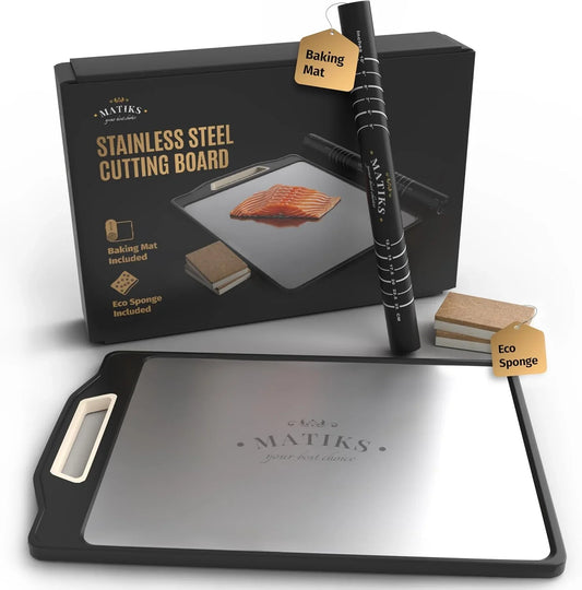 Stainless Steel Cutting Board Set - 16”×11” Large Double Sided Dishwasher Safe Metal Cutting Board for Kitchen – Housewarming Gifts New Home - New Home Gift Ideas - First Home Cooking Gifts