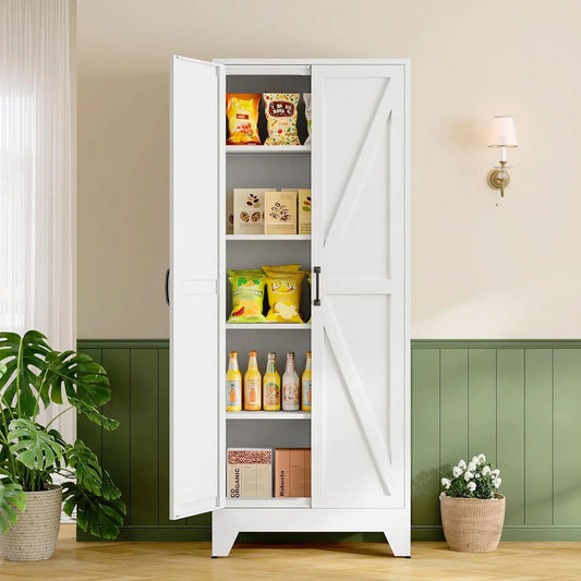 Farmhouse Storage Cabinet,75" H Metal Pantry Cabinet with Barn Doors and Adjustable Shelves,75" H 6-Tier Rustic Pantry Organizers for Kitchen,Dining Room,White