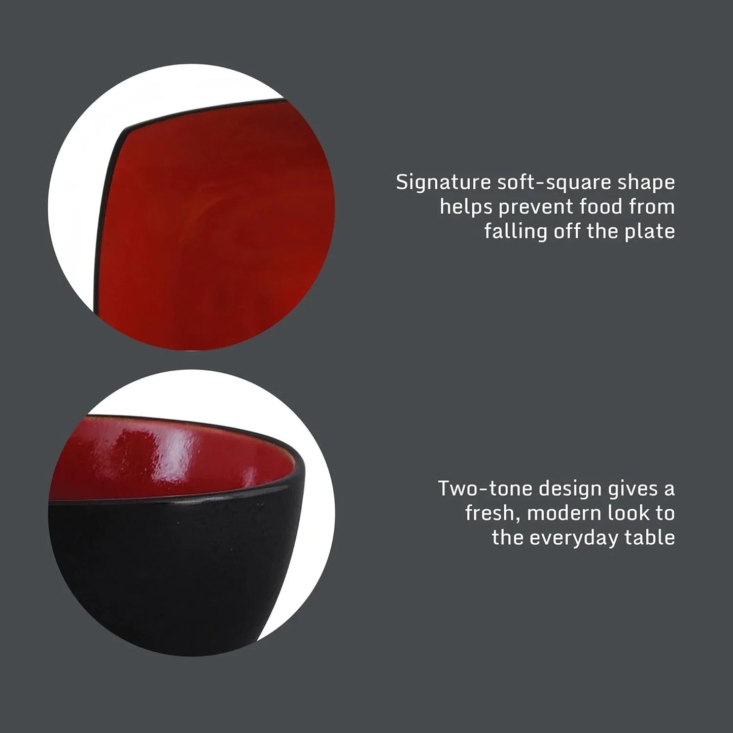 Soho Lounge Square 16-Piece Dinnerware Set, Service for 4, Reactive Glaze Stoneware Plates and Bowls, Modern Dishes, Microwave & Dishwasher Safe – Red and Black