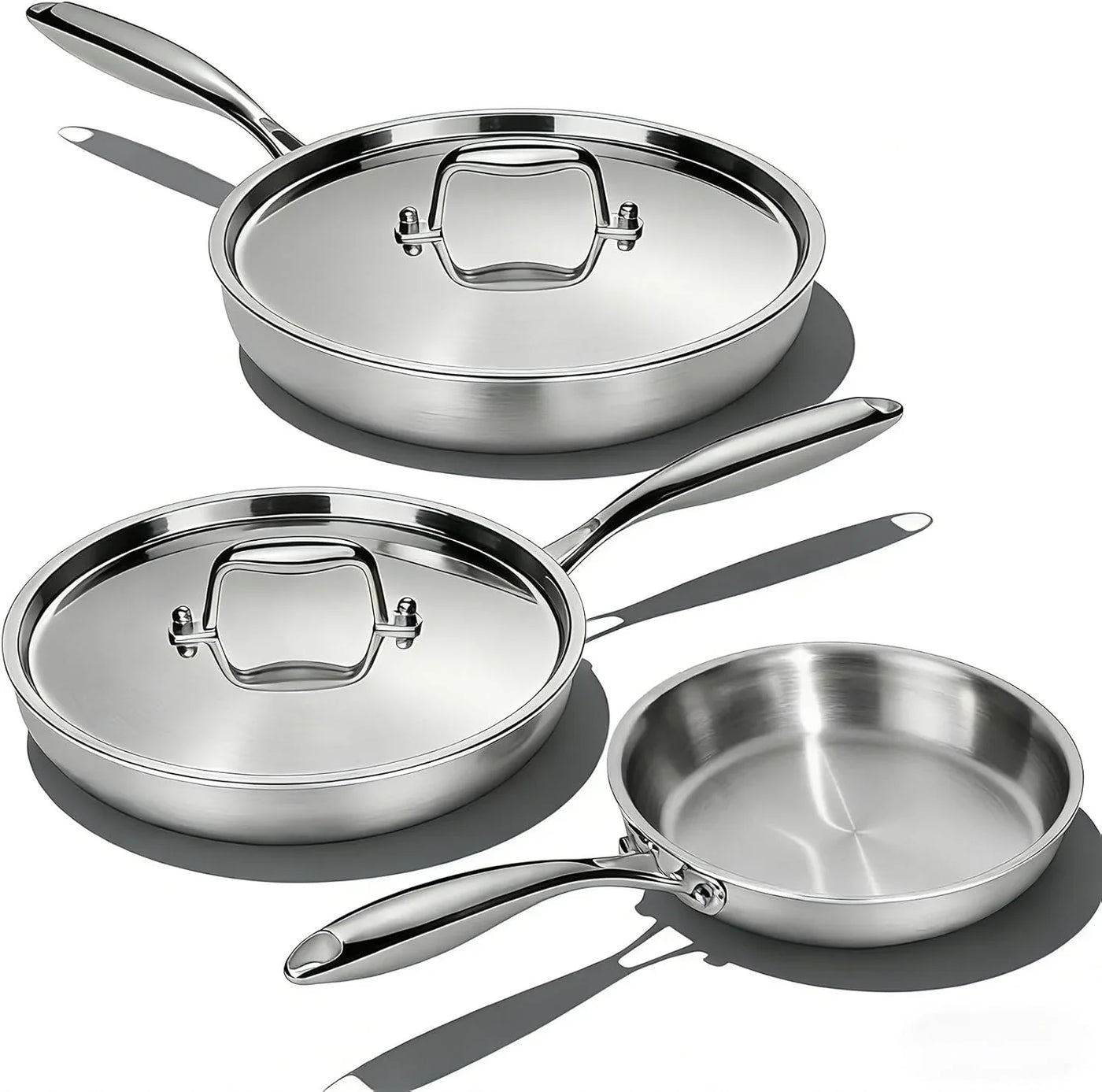 Stainless Steel Frying Pan Set with Lid, 3Pcs Skillet Set (Includes 8",10",12") - 5 Ply Stainless Clad - Heavy Duty & Professional Cookware Set, Fast & Even Heat, Dishwasher and Oven Safe