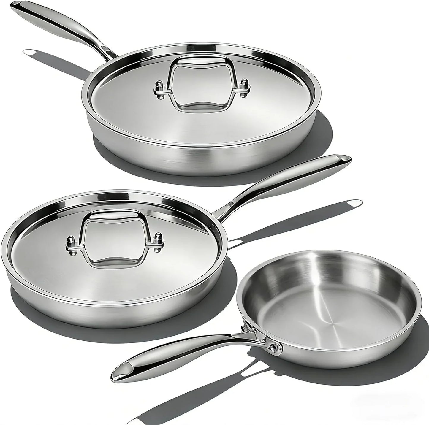 Stainless Steel Frying Pan Set with Lid, 3Pcs Skillet Set (Includes 8",10",12") - 5 Ply Stainless Clad - Heavy Duty & Professional Cookware Set, Fast & Even Heat, Dishwasher and Oven Safe