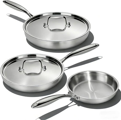 Stainless Steel Frying Pan Set with Lid, 3Pcs Skillet Set (Includes 8",10",12") - 5 Ply Stainless Clad - Heavy Duty & Professional Cookware Set, Fast & Even Heat, Dishwasher and Oven Safe