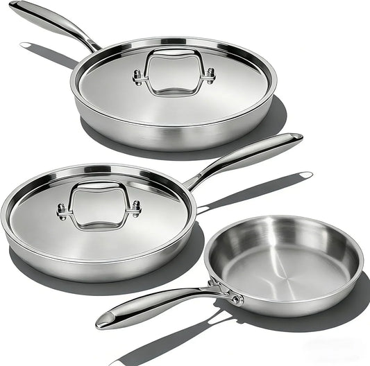 Stainless Steel Frying Pan Set with Lid, 3Pcs Skillet Set (Includes 8",10",12") - 5 Ply Stainless Clad - Heavy Duty & Professional Cookware Set, Fast & Even Heat, Dishwasher and Oven Safe