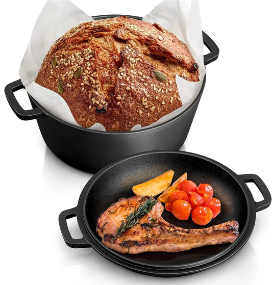 Pre-Season Cast Iron Dutch Oven with Skillet Lid, 2-In-1 Cast Iron Bread Pan Skillet Cookware with Dual Handles for Bread Baking, Frying, Camping, 5QT