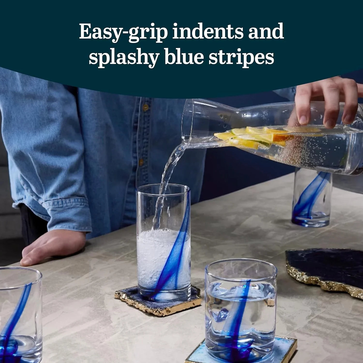 Blue Ribbon 16 Piece Tumbler and Rocks Glass Set, Infused Blue Ribbon Drinkware Glasses Set, Artisan Inspired Four-Dimple Shaped Rock Glasses, Dishwasher Safe Tumbler Glasses Set