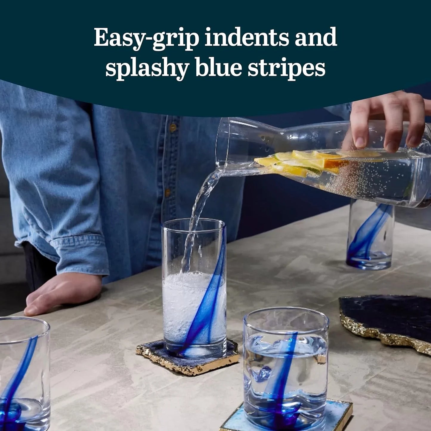 Blue Ribbon 16 Piece Tumbler and Rocks Glass Set, Infused Blue Ribbon Drinkware Glasses Set, Artisan Inspired Four-Dimple Shaped Rock Glasses, Dishwasher Safe Tumbler Glasses Set