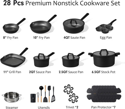 28PCS Pots and Pans Set, Nonstick Cookware Set Kitchen Non Stick Induction Titanium Cookware Non-Toxic Granite Cooking Set, PFOA Free, Black