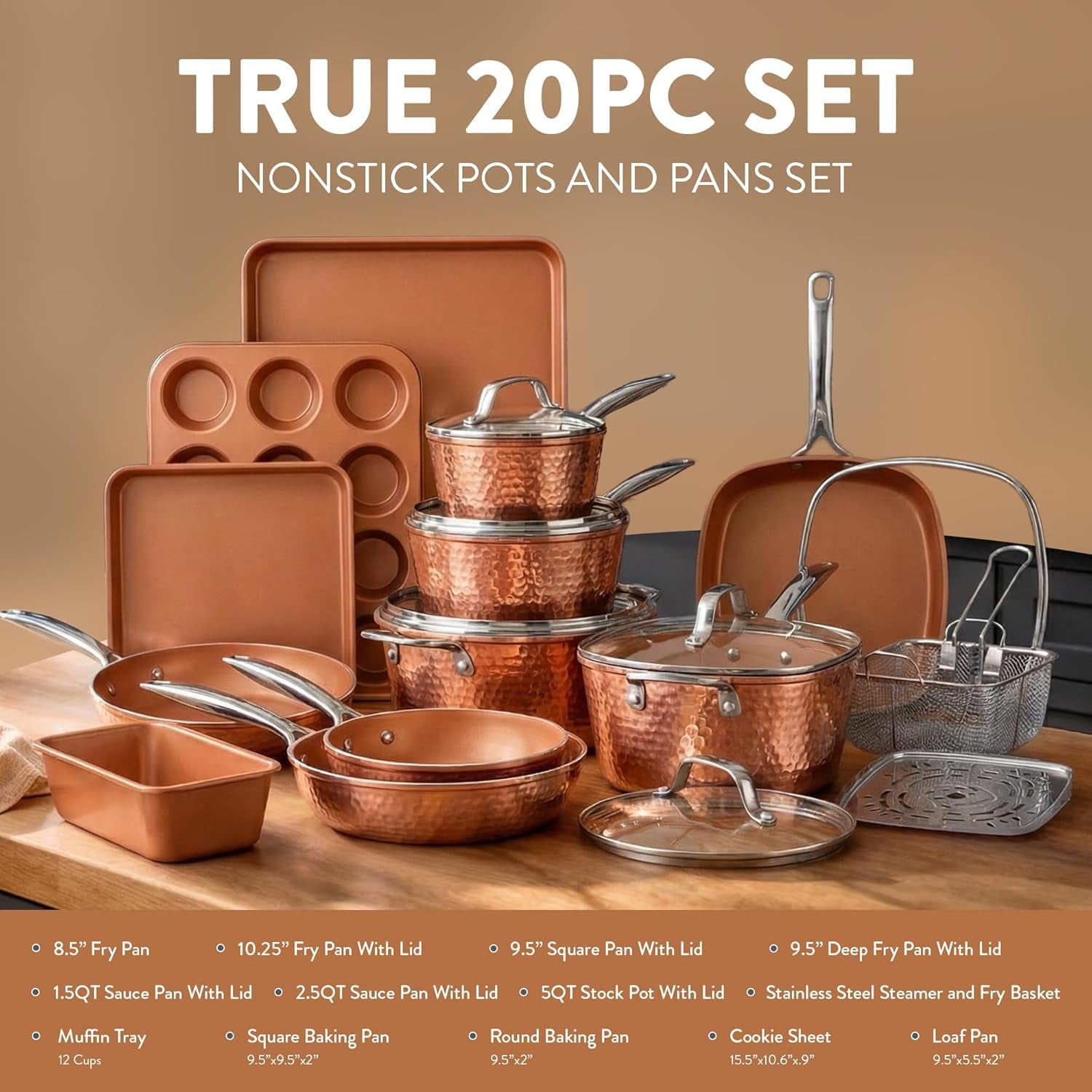 Hammered 20 Pc Ceramic Cookware Set Nonstick, True Ceramic Pots and Pans Set Non Stick with Deep Square Pan Set & Bakeware Set, Non Toxic PFOA PFOS Free, Oven & Dishwasher Safe