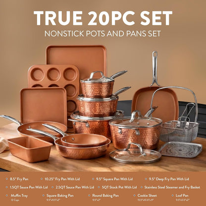 Hammered 20 Pc Ceramic Cookware Set Nonstick, True Ceramic Pots and Pans Set Non Stick with Deep Square Pan Set & Bakeware Set, Non Toxic PFOA PFOS Free, Oven & Dishwasher Safe