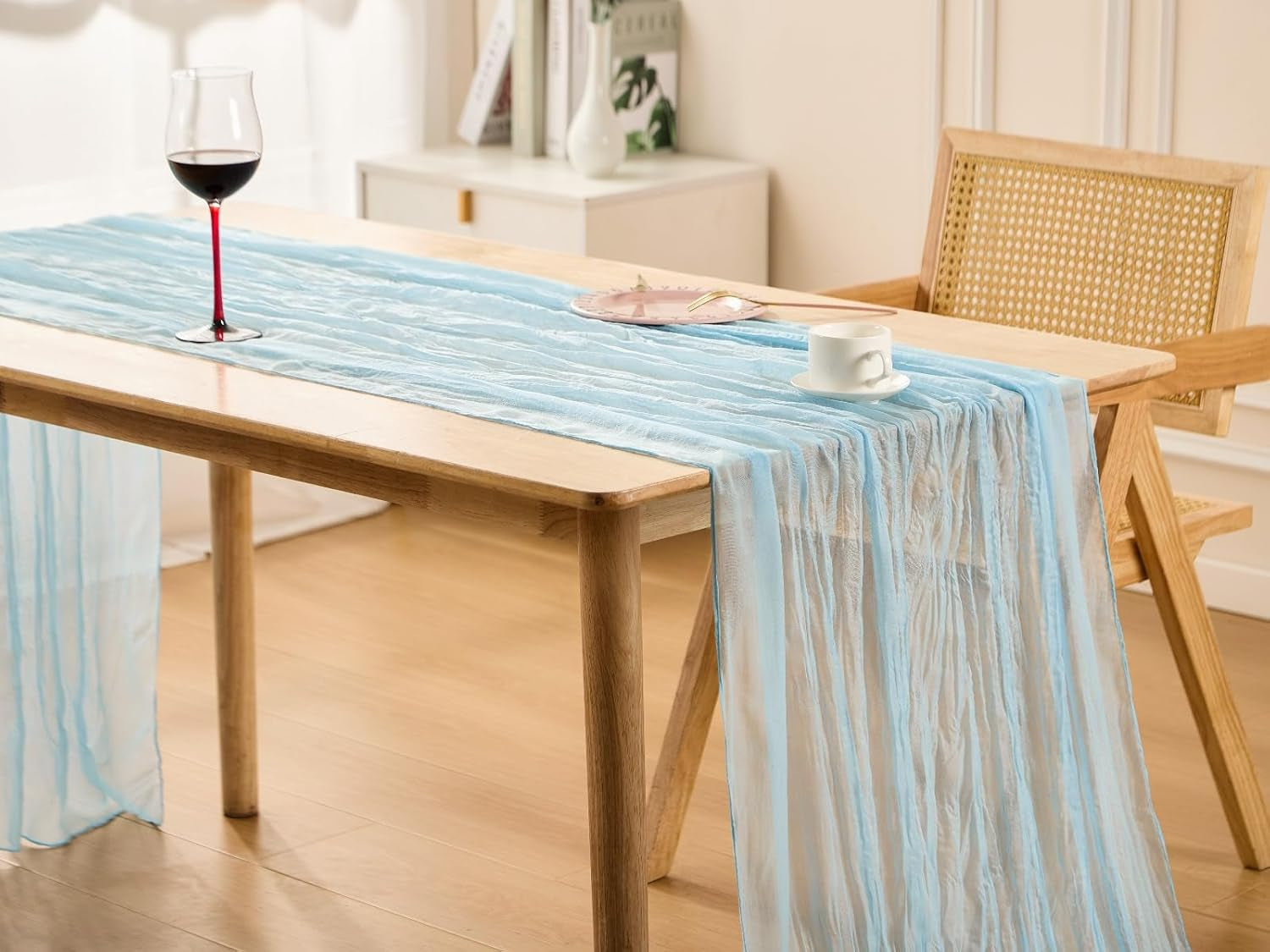 10 Pack Baby Blue Spring Table Runner Boho Cheesecloth Table Runners Bulk 10 Ft Gauze Sheer Mother'S Day Table Centerpieces for Wedding Ceremony Anniversary Bridal Baby Shower Banquet