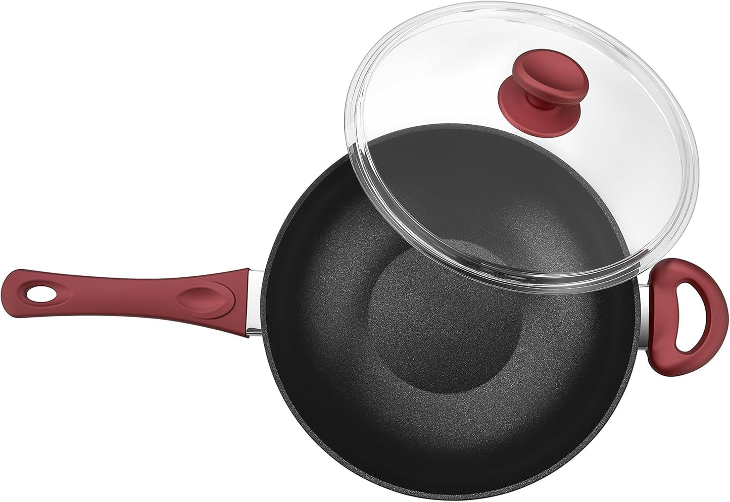 Titanium Nonstick 11 Inch Wok and Stir Fry Pan with Glass Lid Forged Aluminum with PFOA Free Scratch Resistant (Red)
