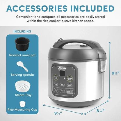Professional Digital Rice Cooker, Multicooker, 4-Cup (Uncooked) / 8-Cup (Cooked), Steamer, Slow Cooker, Grain Cooker, 2Qt, Stainless Steel Exterior, ARC-994SG