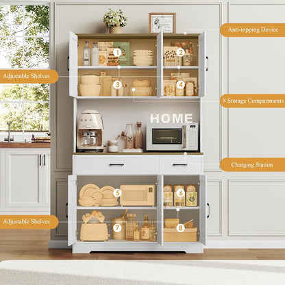 71" Pantry Cabinet with Charging Station, Tall Kitchen Pantry Storage Cabinet with Microwave Stand, Farmhouse Kitchen Hutch with Storage Drawers for Living Room, Dining Room, White