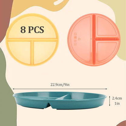 9-Inch Unbreakable Divided Plates, 8-Pack Microwave & Dishwasher Safe Wheat Straw Plates, Bpa-Free, 3-Compartment Portion Control Plates, Durable Dinnerware