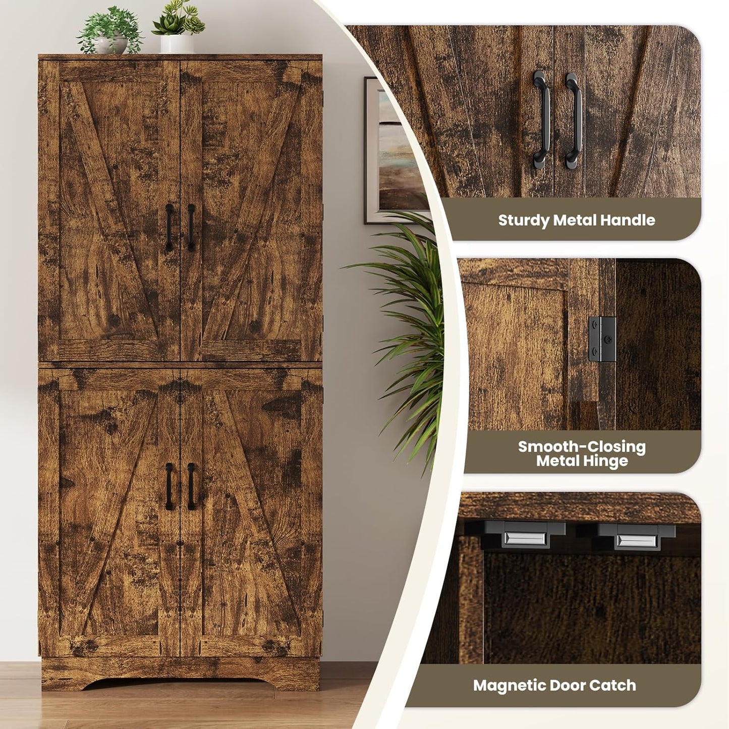 71" Tall Kitchen Pantry, Farmhouse Storage Cabinet with Doors, Shelves, Rustic Wood Cupboard, Built-In Wine Storage Grid & 6 Door Shelves for Kitchen, Dining Room, Rustic Brown