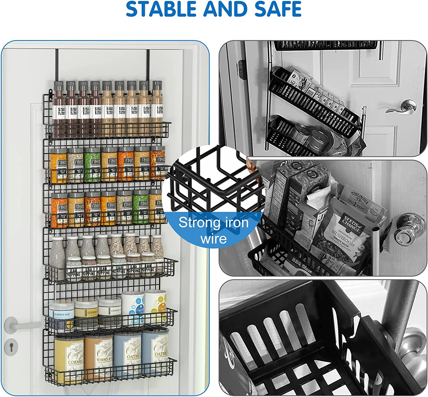 6-Tier Spice Rack Organizer with Door Hook, Wall Mounted & over the Door Spice Racks for Kitchen Pantry Door Cabinet, Two Size, Large Capacity, Black