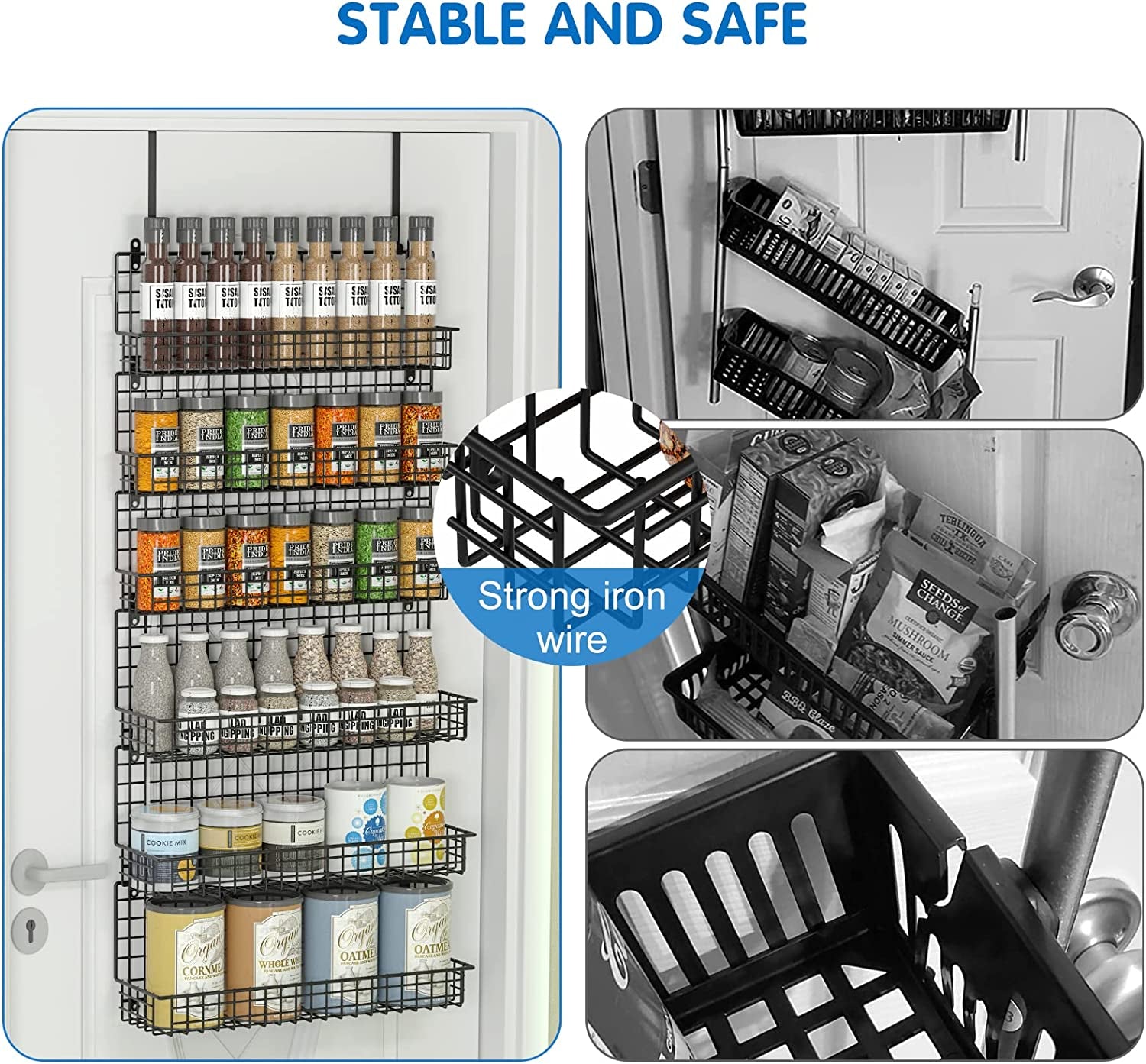6-Tier Spice Rack Organizer with Door Hook, Wall Mounted & over the Door Spice Racks for Kitchen Pantry Door Cabinet, Two Size, Large Capacity, Black