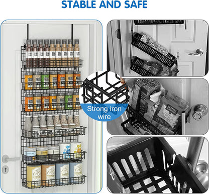 6-Tier Spice Rack Organizer with Door Hook, Wall Mounted & over the Door Spice Racks for Kitchen Pantry Door Cabinet, Two Size, Large Capacity, Black