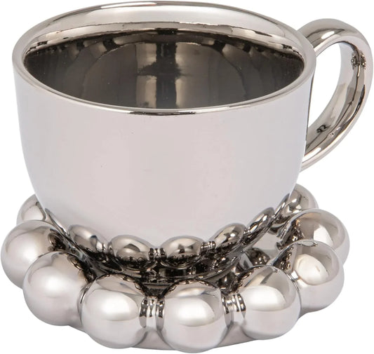12-Ounce Stoneware Mug with Ball Edge Saucer, Chrome-Finish