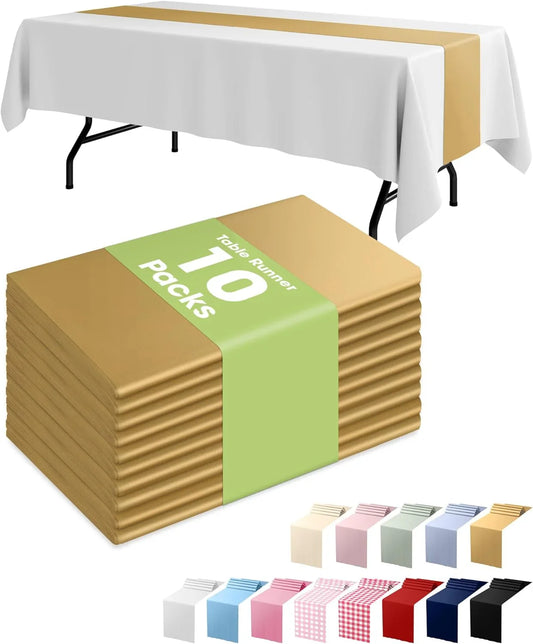 Gold Plastic Table Runners - 10 Pack, 14'' X 108'', Water Resistant & Disposable Centerpiece Decorations for Table Cloth, Wedding, Birthday, Holiday, Baby Shower, Party, Home Decor