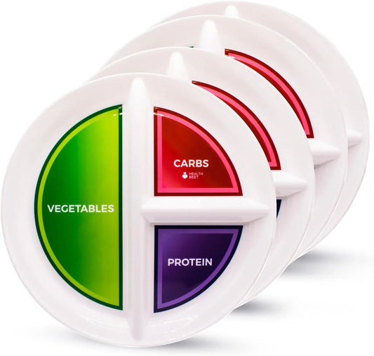 10” Diabetic Portion Control Plate for Balanced Eating - 3 Divided Sections for Veggies Carbs & Protein - Microwave & Dishwasher Safe Bariatric Sectioned Plates for Adults & Kids - 4 Pack