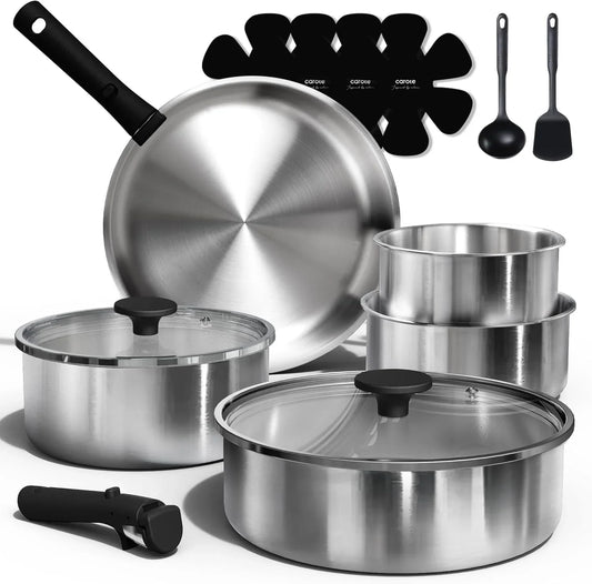 Pots and Pans Set, Stainless Steel Cookware Set Detachable Handle, 15Pcs Induction Kitchen Cookware Sets with Removable Handle, RV Cookware Set, Oven Safe