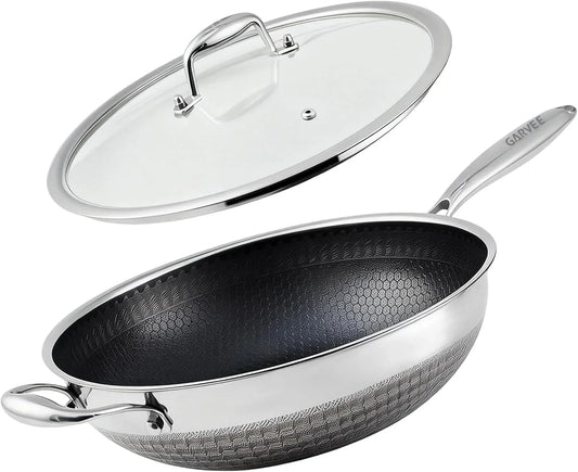 Wok Pan,Hybrid 12 Inch Wok with Lid, PFOA Free Cookware,Non Stick Stainless Steel Woks & Stir-Fry Pans Nonstick, Dishwasher and Oven Safe, Works on Induction
