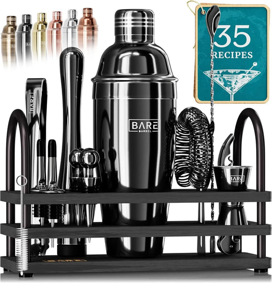 ® Mixology Bartender Kit Bar Set | 14-Piece Cocktail Shaker Set | Martini Barware Mixing Tools for Home Bartending | 35 Recipe Cards | Gift Set (24Oz Cobbler Shaker, Jet Black/Black)