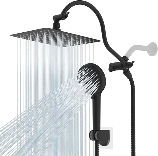 All Metal High Pressure Rainfall 10'' Shower Head, CUPC Certified Handheld Showerhead Combo, 12'' Adjustable Shower Extension Arm, 10-Spray, 71'' Hose, Adhesive Showerhead Holder, Matte Black