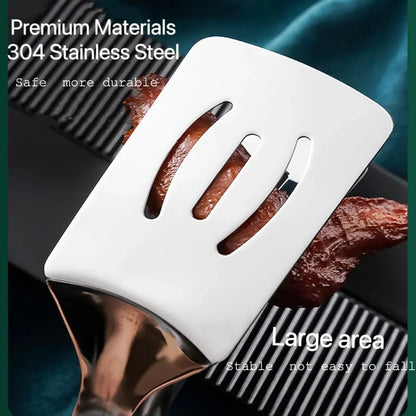 Anti-Scald Extended Handle Spatula Tongs 11.6 Inch Multifunctional Stainless Steel Cooking Tongs Food Shovel Clamp for Flipping Steak Fish Bread Hamburger BBQ Frying Pancake Pies Pizza